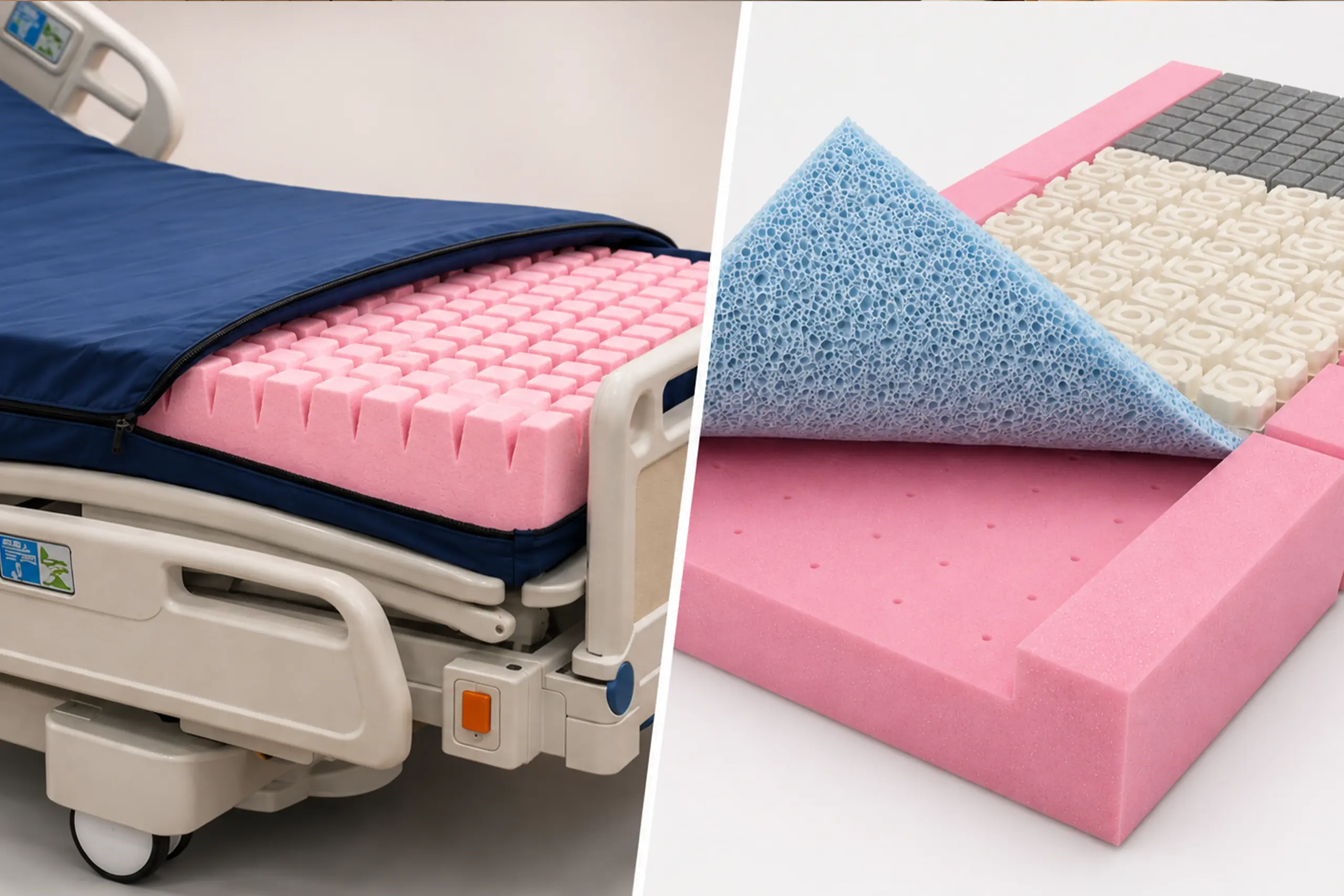 Materassi per ospedali, in materiale rosa antidecubito.