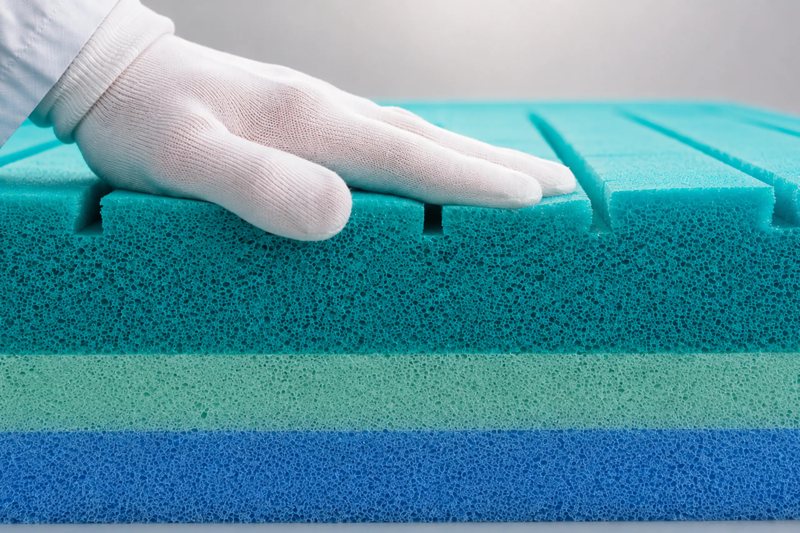 Una mano guantata testa la rigidità di un materiale plastico.