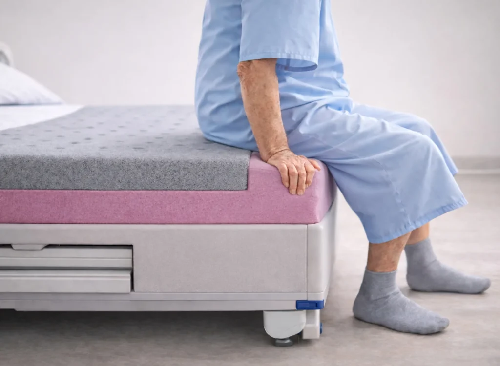 Un paziente è seduto sul bordo del suo letto ospedaliero.