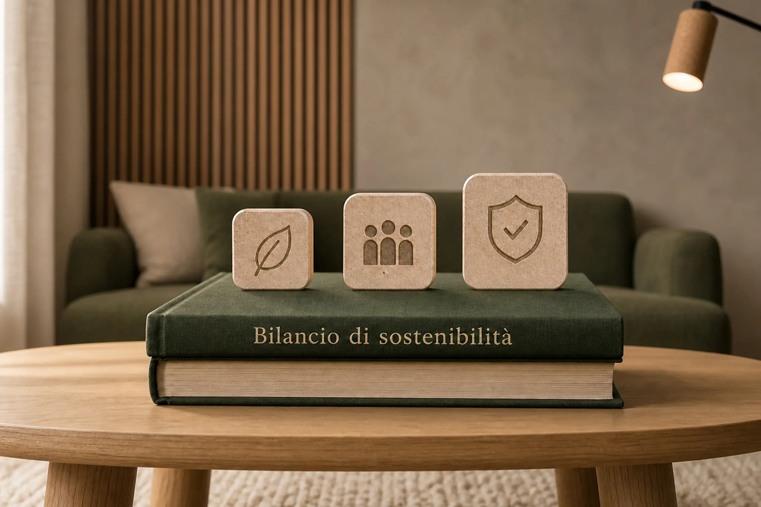 Due libri su un tavolo, stesi, sul cui dorso si legge "bilancio di sostenibilità".